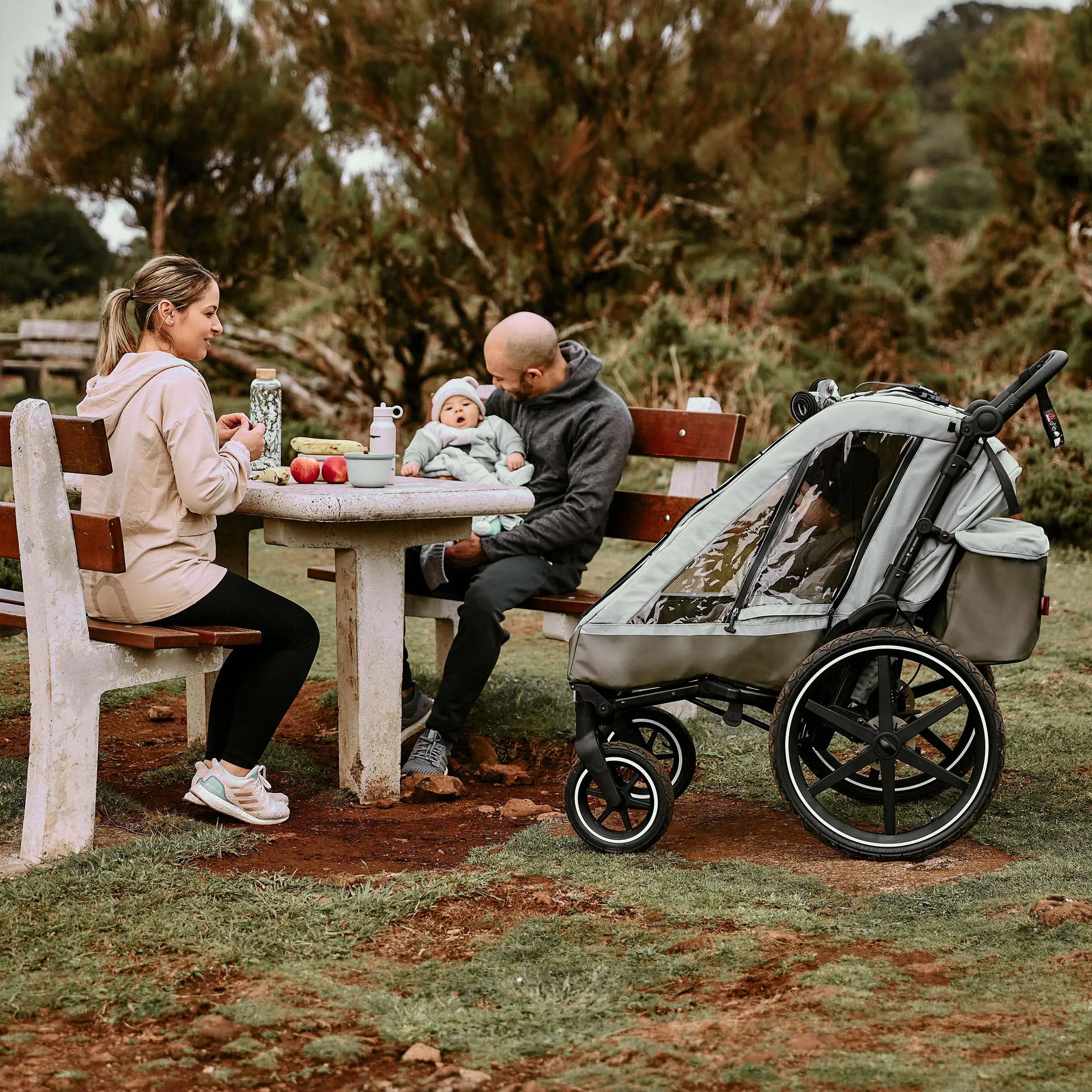 Tour 2 bicycle trailer with 2 comfortable seats & air wheels - Olive