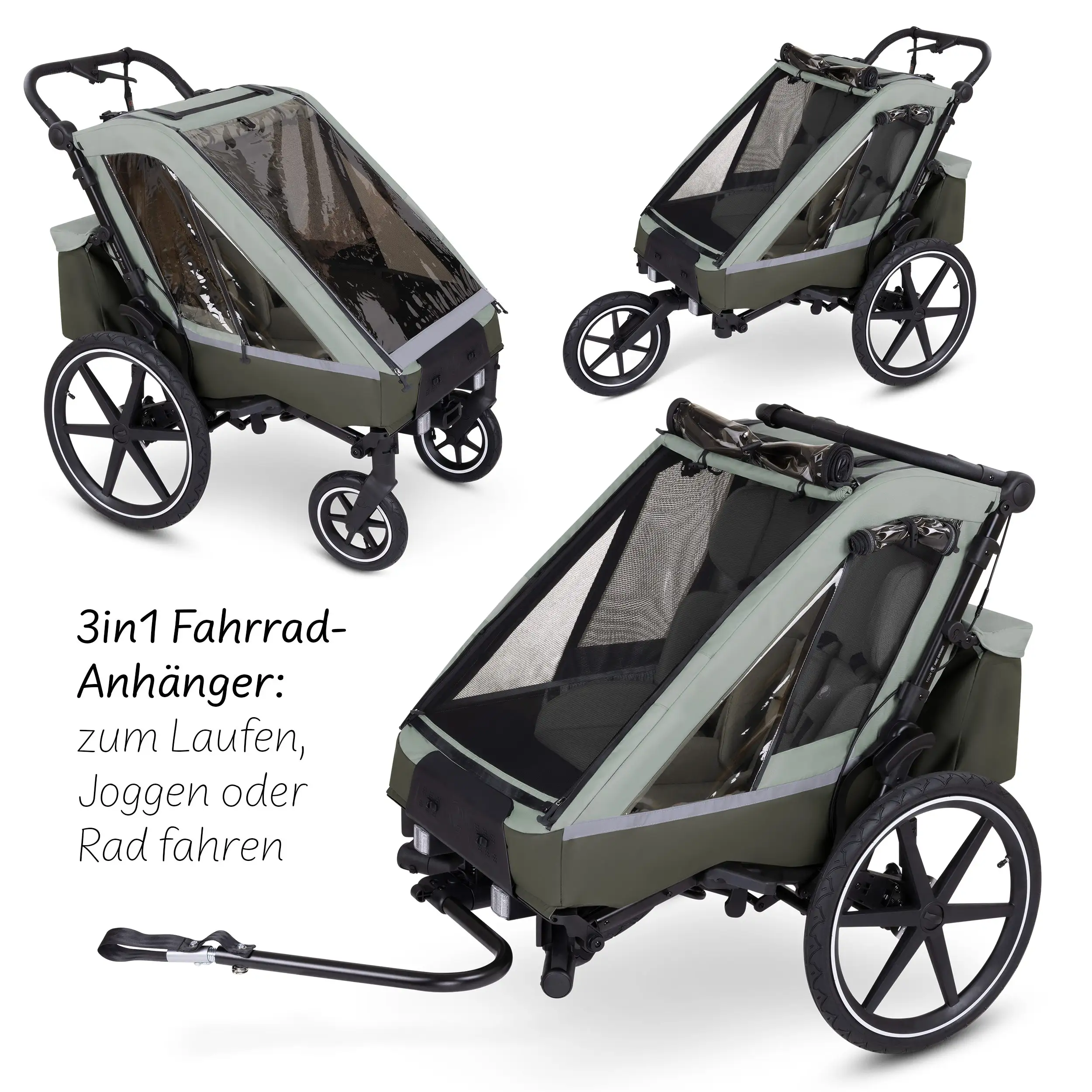 Tour 2 bicycle trailer with 2 comfortable seats & air wheels - Olive