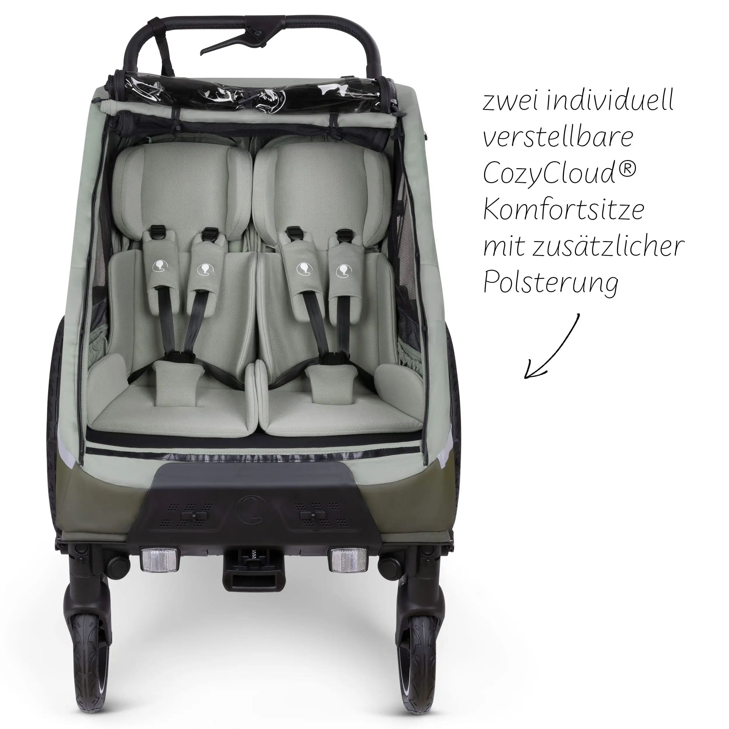 Tour 2 bicycle trailer with 2 comfortable seats & air wheels - Olive