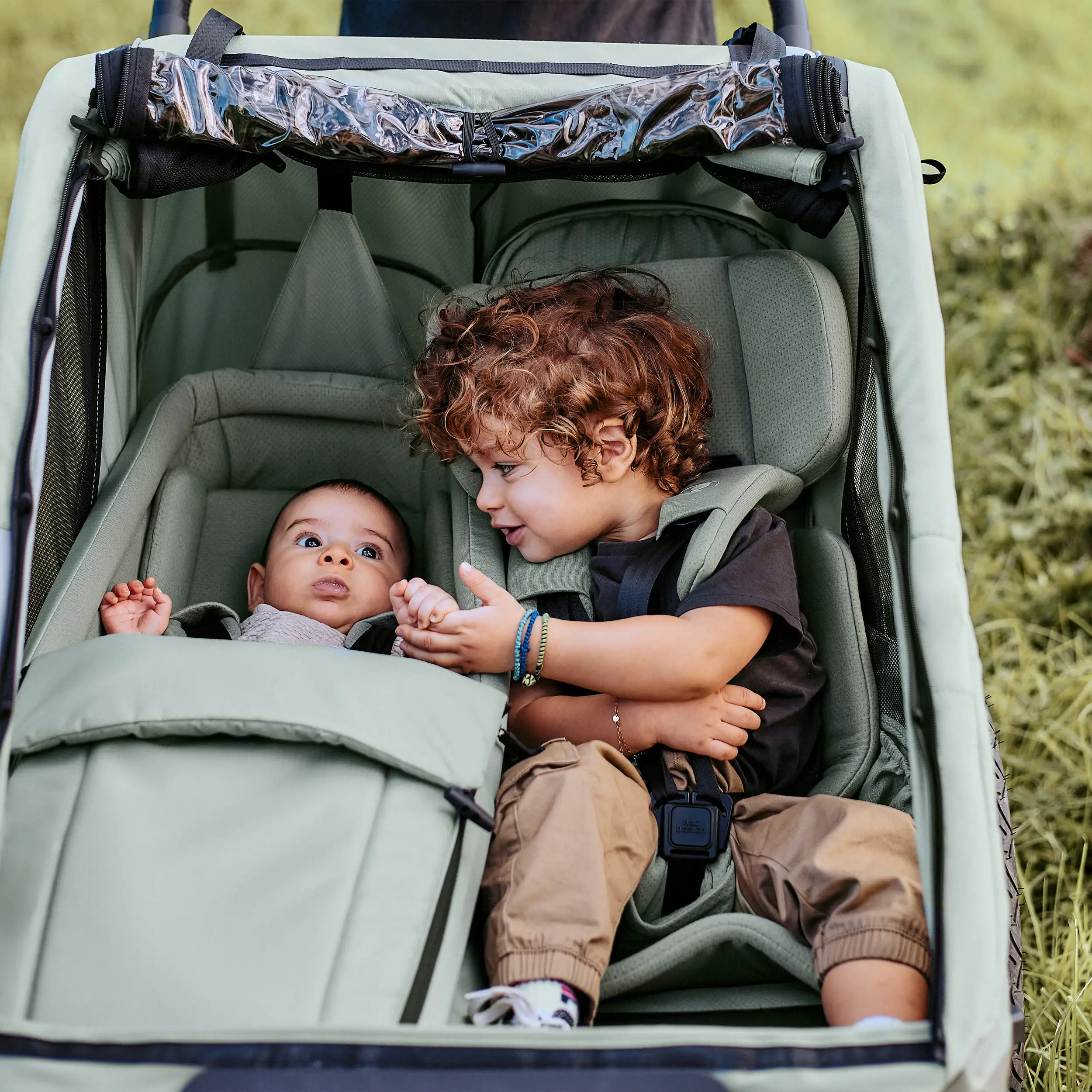 Tour 2 bicycle trailer with 2 comfortable seats & air wheels - Olive