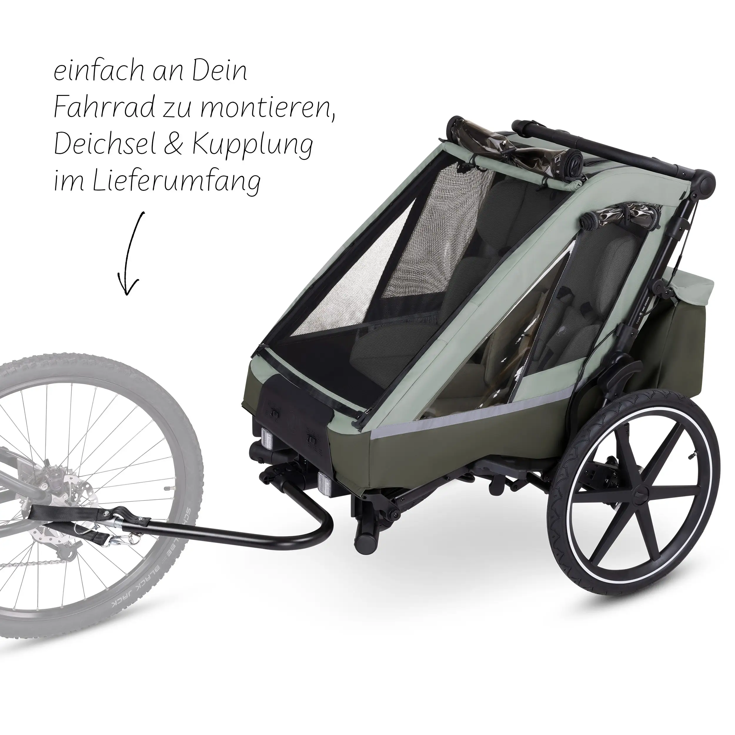 Tour 2 bicycle trailer with 2 comfortable seats & air wheels - Olive