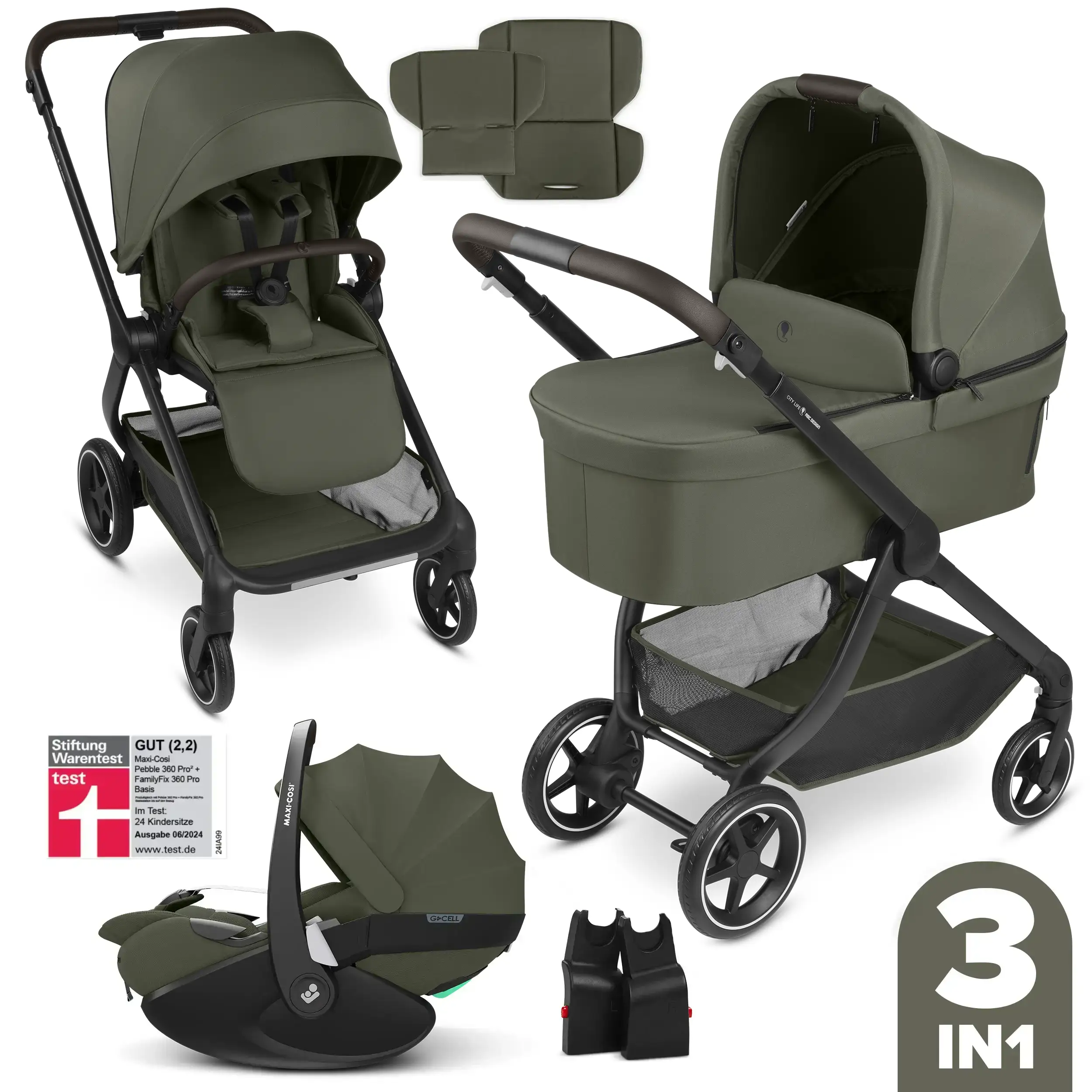 3in1 Stroller Set City Life incl. infant car seat Maxi Cosi Pebble 360 Pro 2 - Avocado
