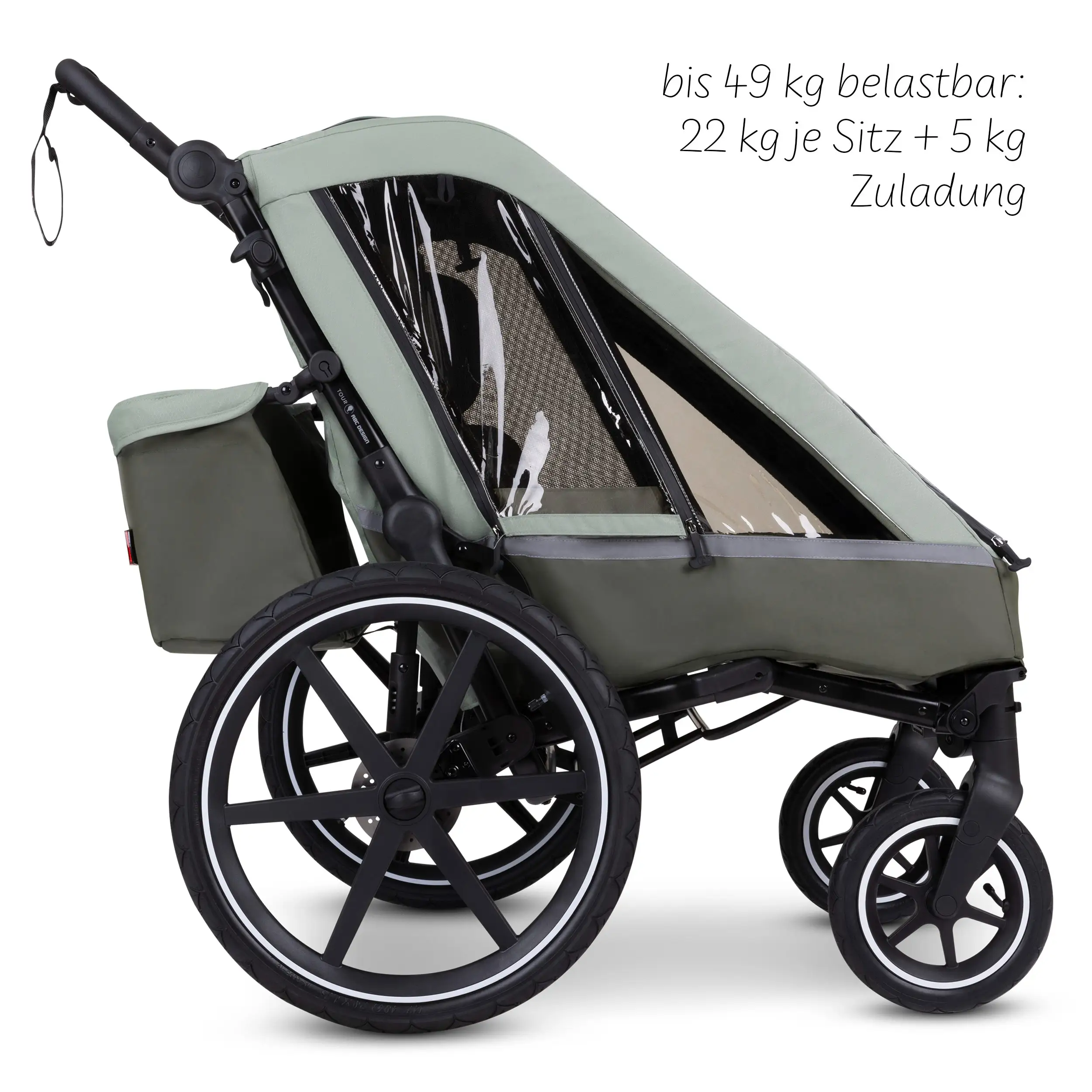 Tour 2 bicycle trailer with 2 comfortable seats & air wheels - Olive