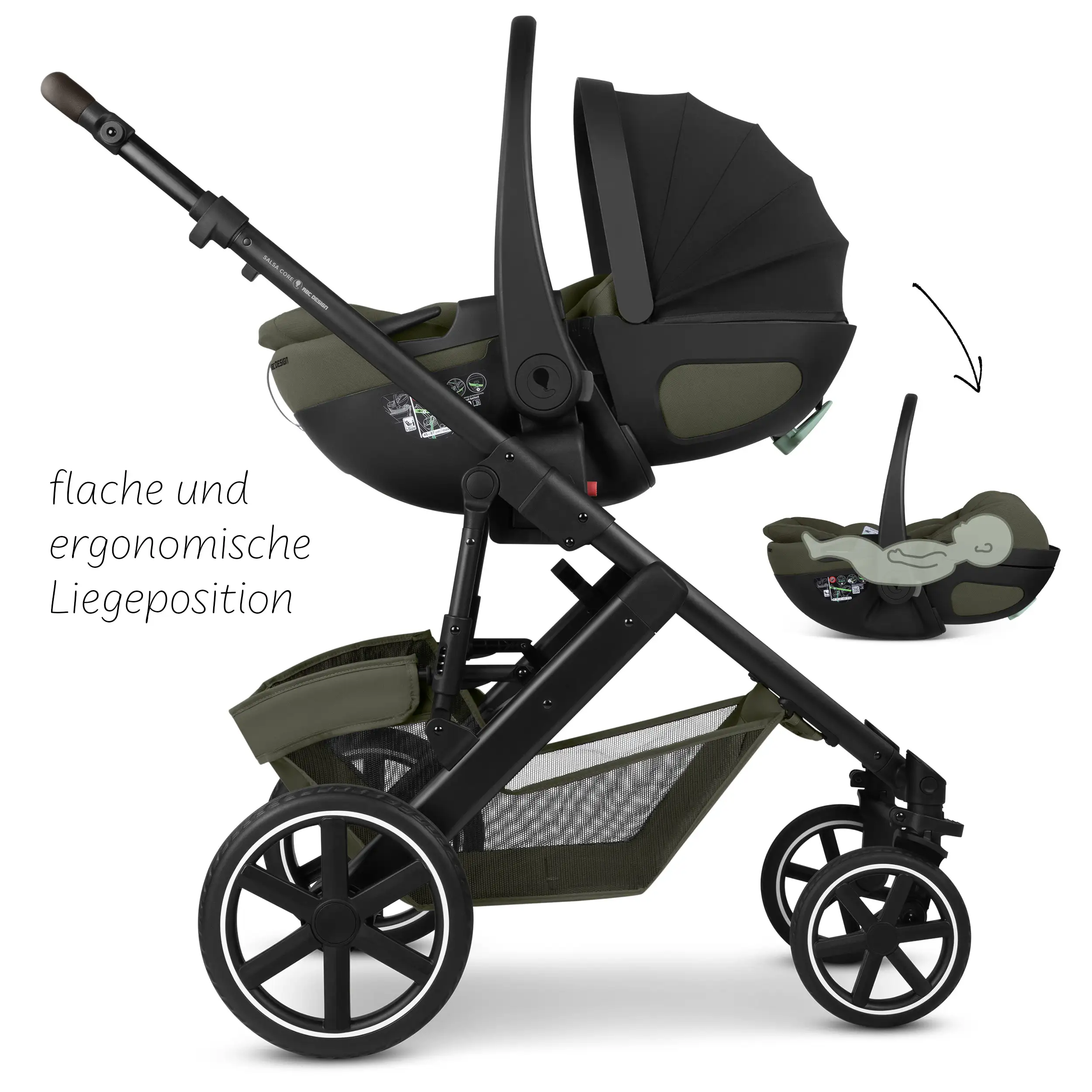 4in1 Stroller Set Salsa Core incl. infant car seat Calla with Reclining Function and the Root Isofix base - Olive