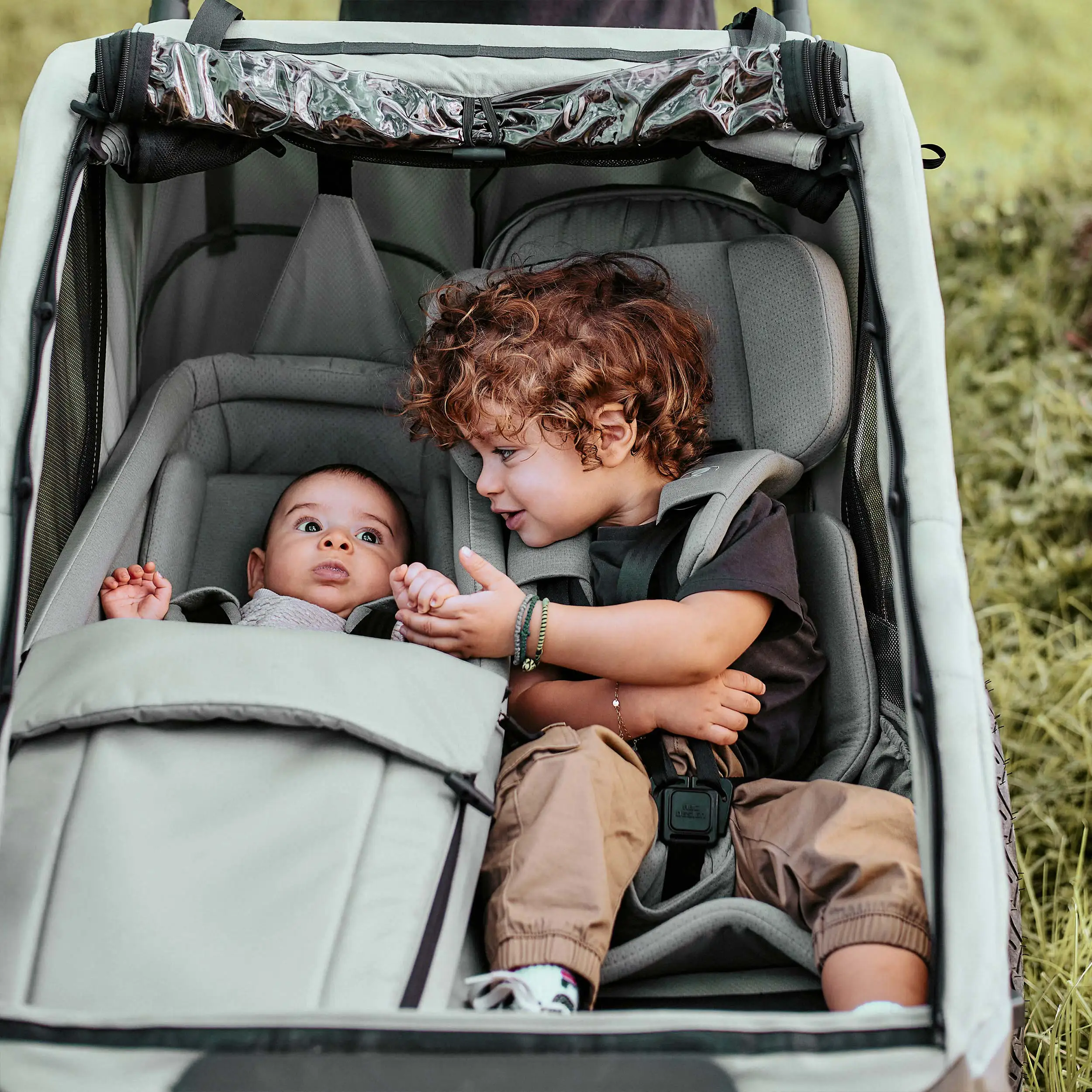 Tour 2 bicycle trailer with 2 comfortable seats & air wheels - Olive