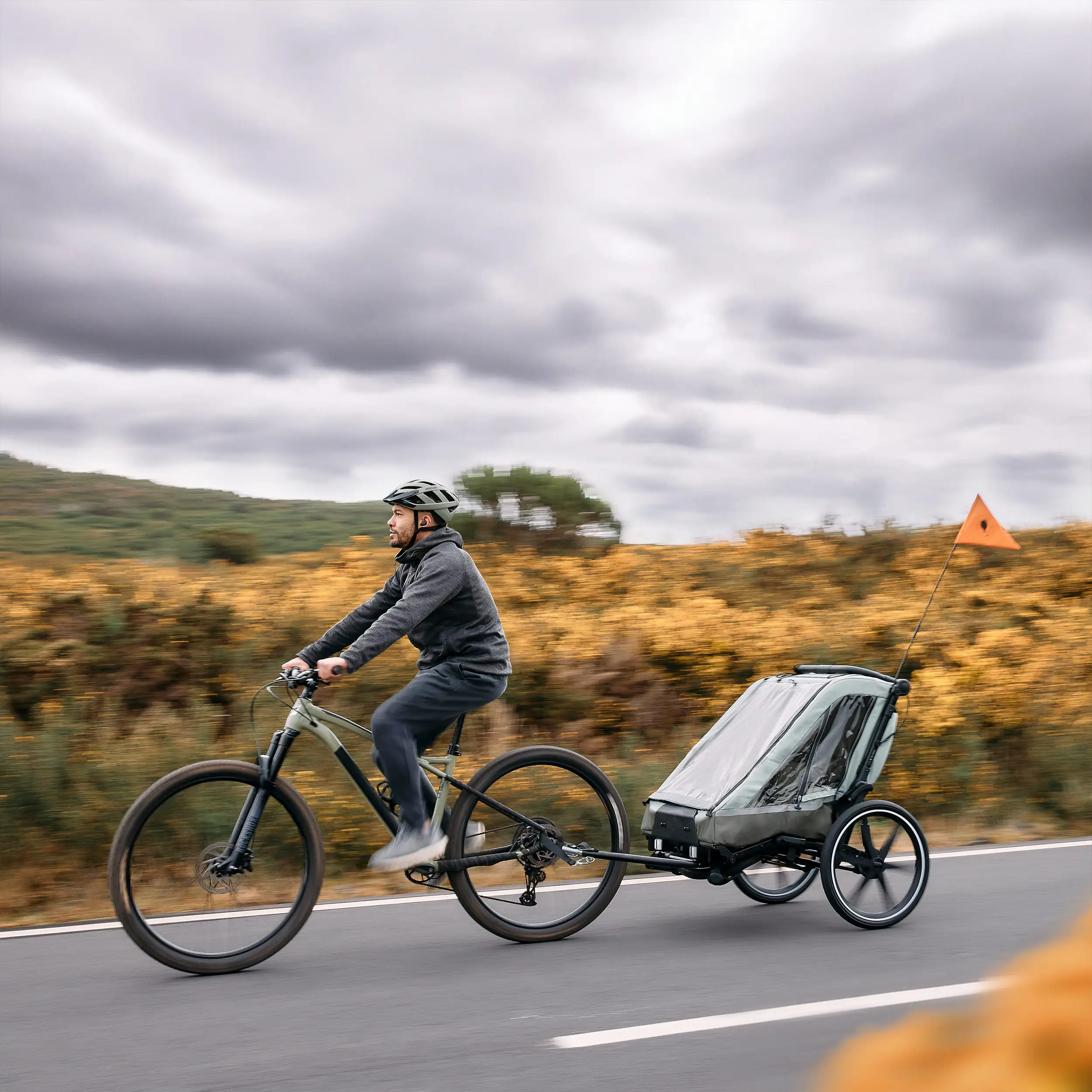 Tour 2 bicycle trailer with 2 comfortable seats & air wheels - Olive