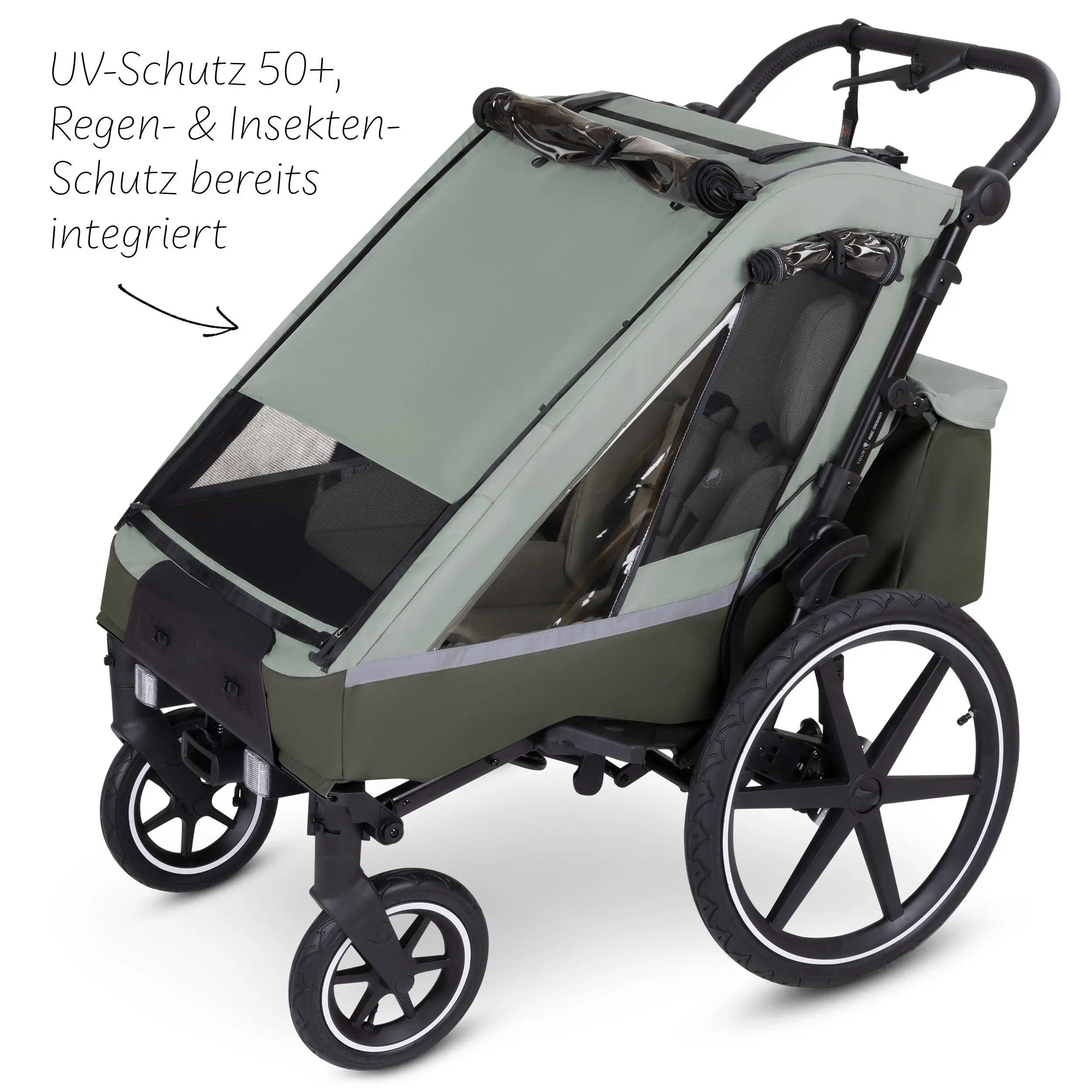 Tour 2 bicycle trailer with 2 comfortable seats & air wheels - Olive