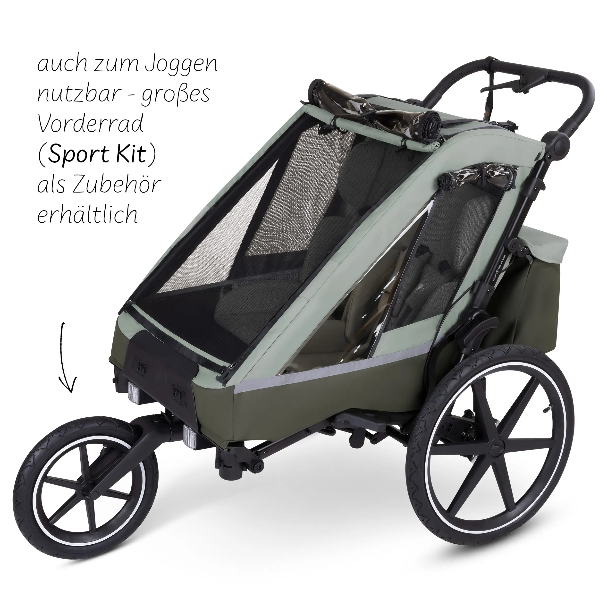 Tour 2 bicycle trailer with 2 comfortable seats & air wheels - Olive